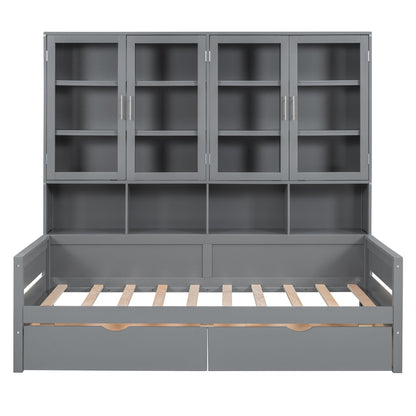 Daybed With Glass Door Storage Cabinets, Built In LED Lighting And Shelves