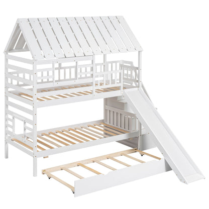 House Bunk Bed With Trundle, Storage Staircase, Roof And Window Design