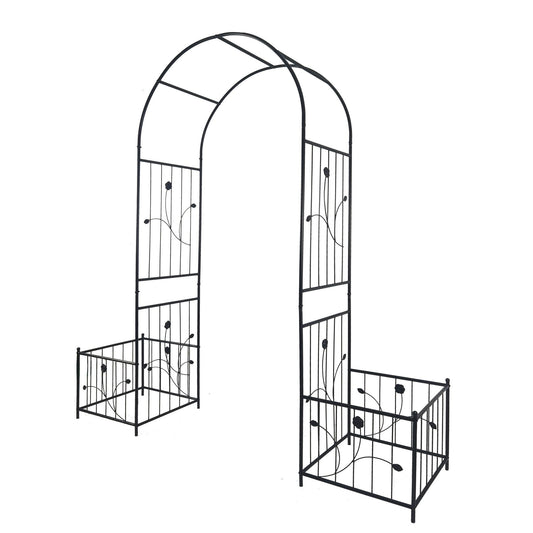 Metal Garden Arch With Two Plant Stands Wide High Climbing Plants Support Rose Arch Outdoor - Black