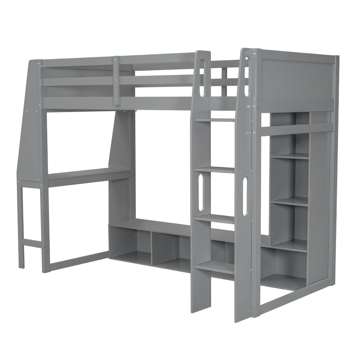 Gaming Loft Bed With Desk, Multi Storage Shelves, LED Lighting, And Hanging Clothes Rack
