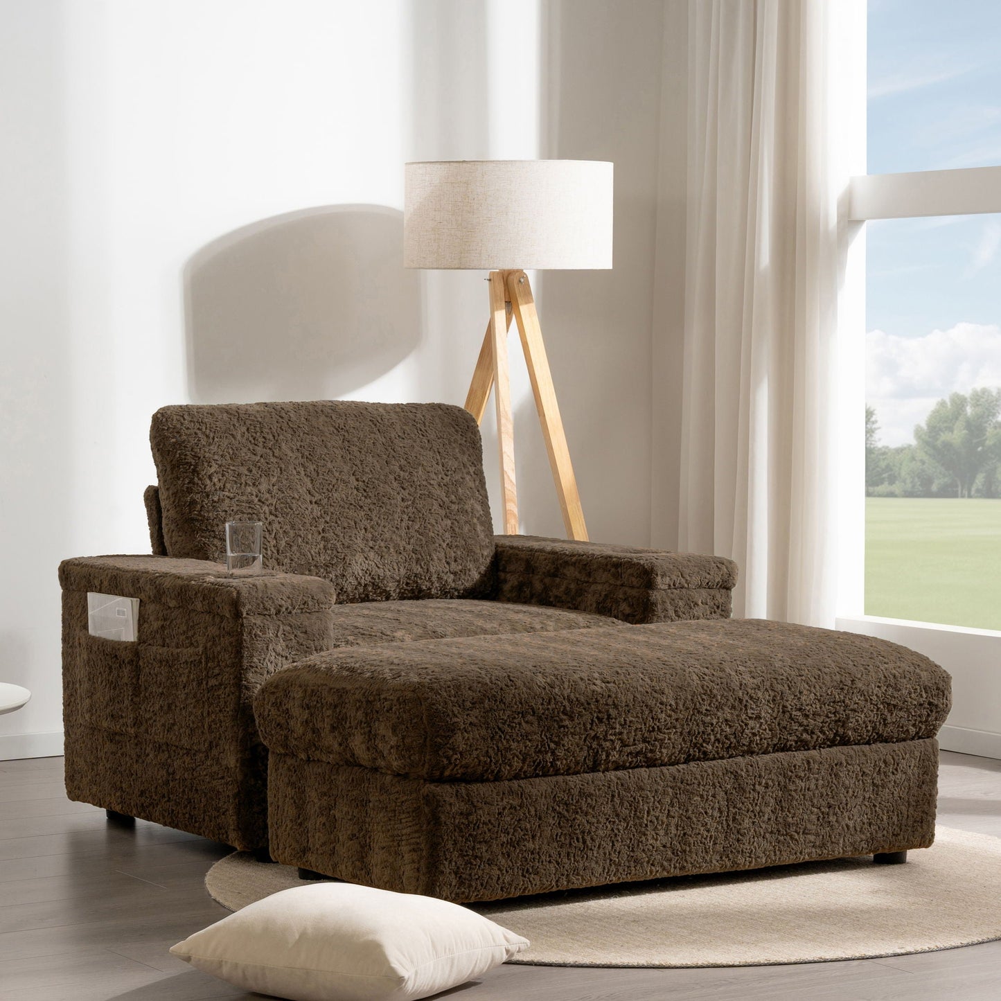 Oversized Chaise Lounge Indoor Rabbit Fur Sofa Bed With Storage Ottoman And Armrests Cup Holders With Deep Seat