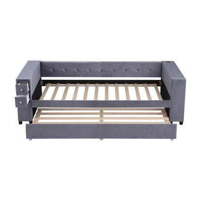 Upholstered Bed With Storage And Twin Trundle, USB Charging Ports