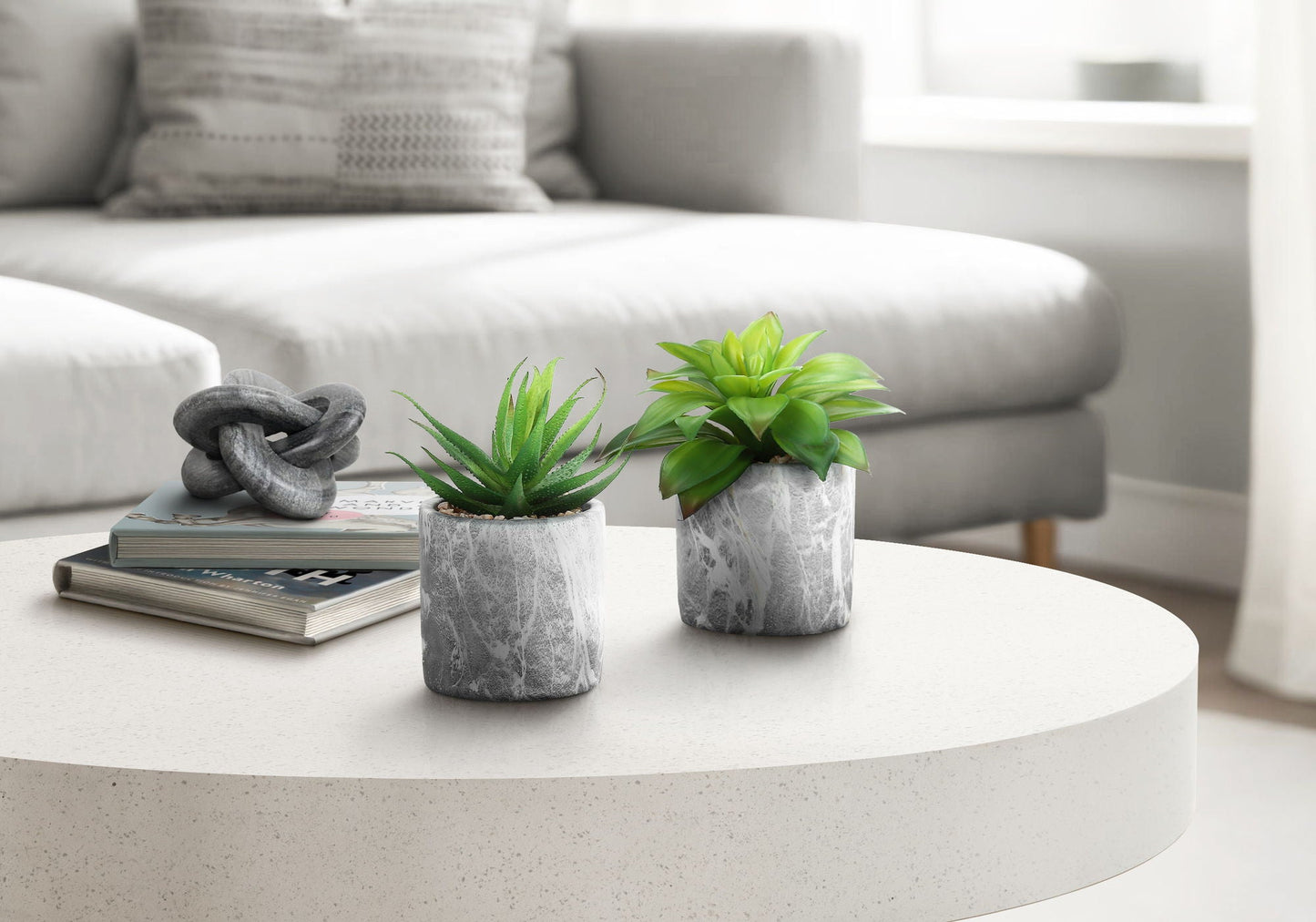 6" Tall, Artificial Plant, Succulent, Indoor, Faux, Fake, Table, Greenery, Potted, Decorative (Set of 2) - Green / Gray