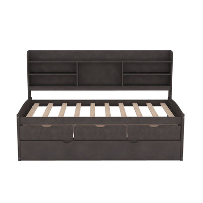 Captain Bed With Built In Bookshelves, 3 Storage Drawers, And Trundle