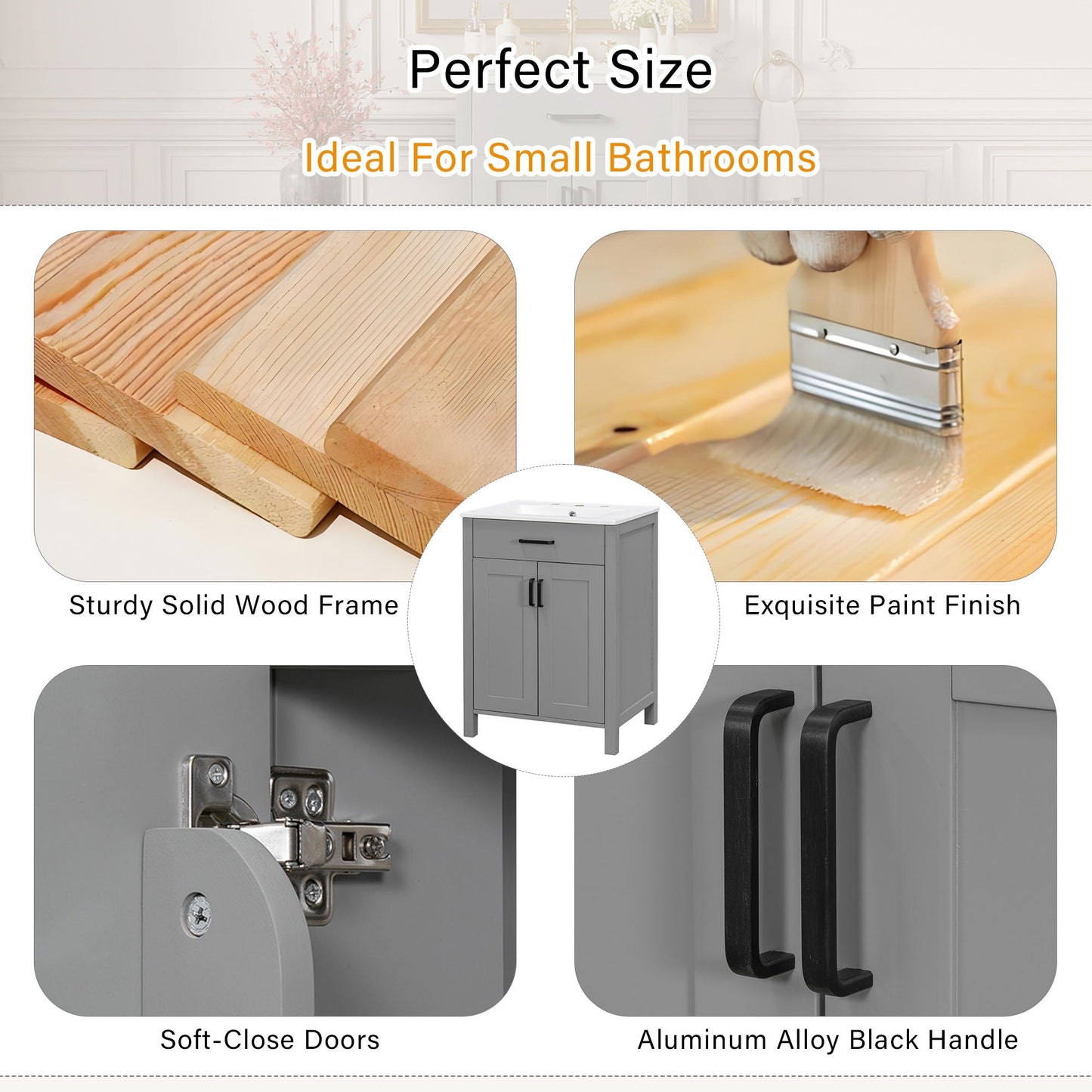 Bathroom Vanity With Ceramic Sink, Soft Close Doors, Flip Drawer, Double Layer Door Shelves