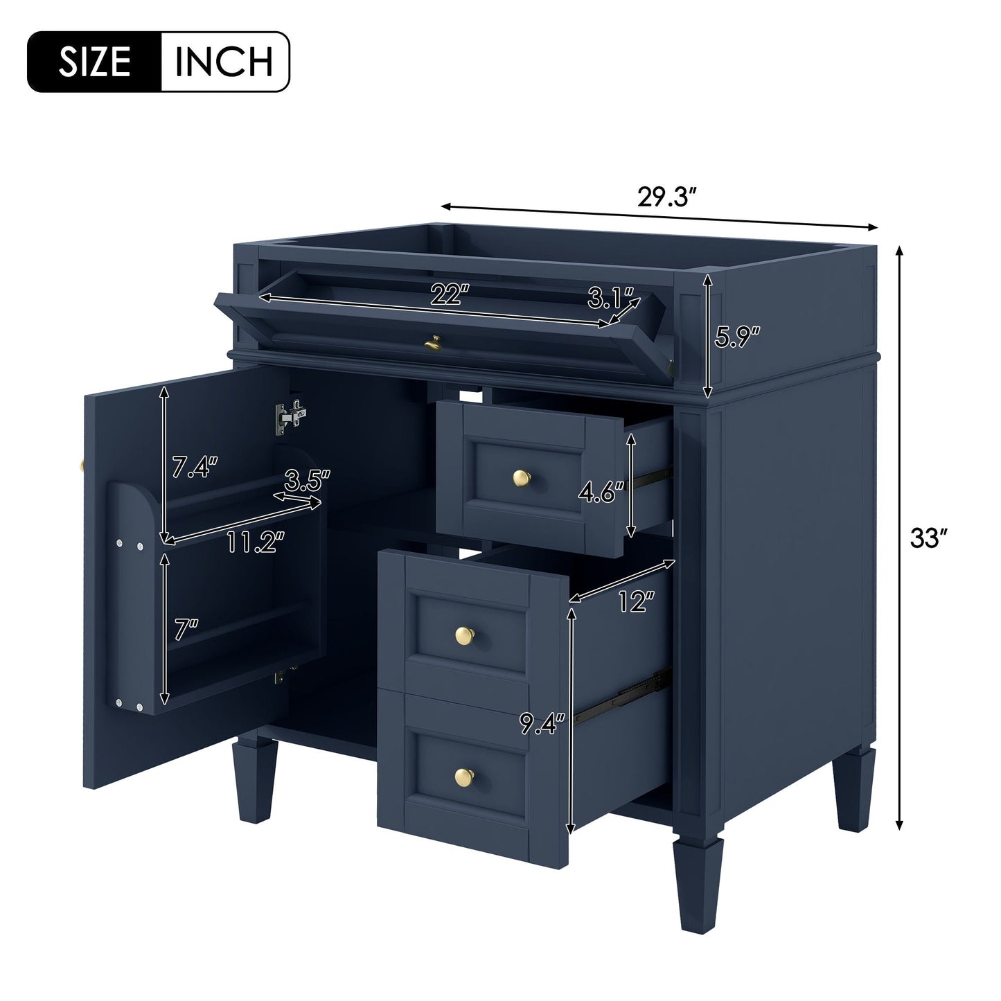 Bathroom Vanity With 2 Drawers And Tip-Out Drawer, Storage Cabinet