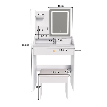 LED Vanity Mirror With Stool, 2 Drawers & 5 Storage Cabinets, Adjustable Lighting Mdf Dressing Table For Bedroom - White
