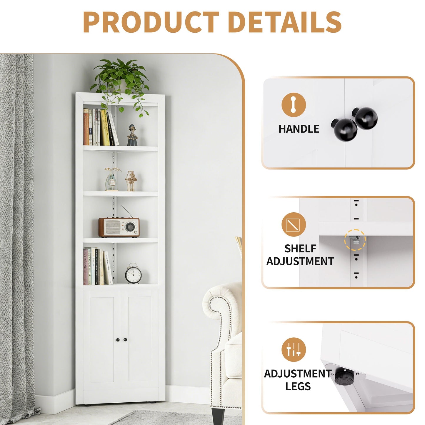 Tall Corner Storage Cabinet With 2 Doors, 5-Tier With Adjustable Shelves, Freestanding - White