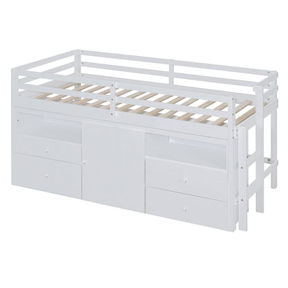 Loft Bed With 4 Drawers, Underneath Cabinet And Shelves