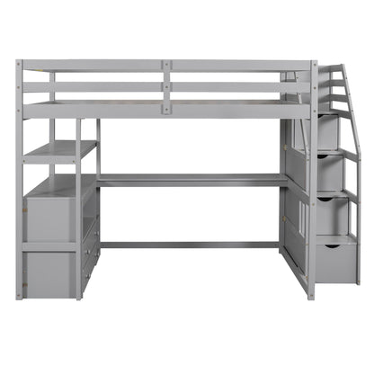 Loft Bed With Desk, Shelves, 2 Drawers, Storage Staircase