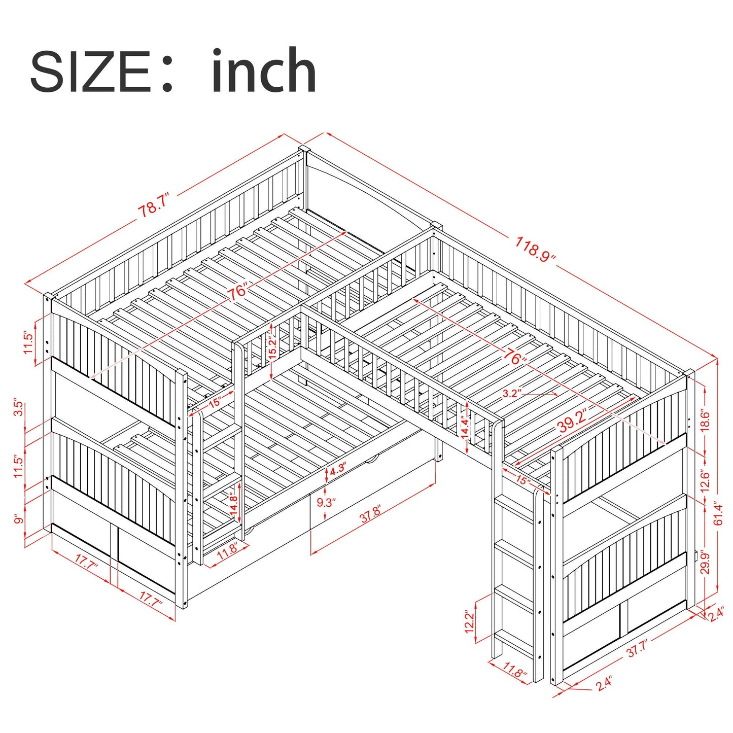 Bunk Bed With Loft And 2 Drawers