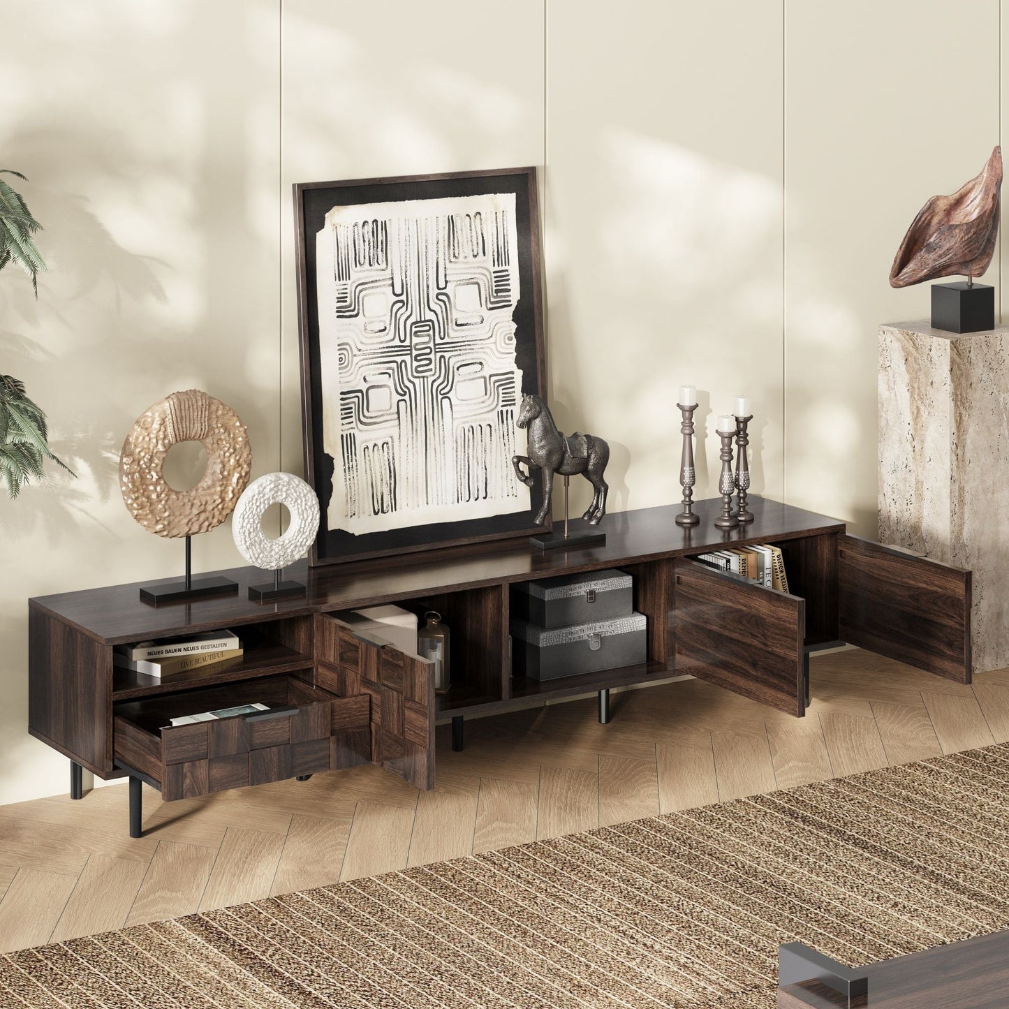 78" TV Stand With Storage Cabinets For Living Room - Walnut