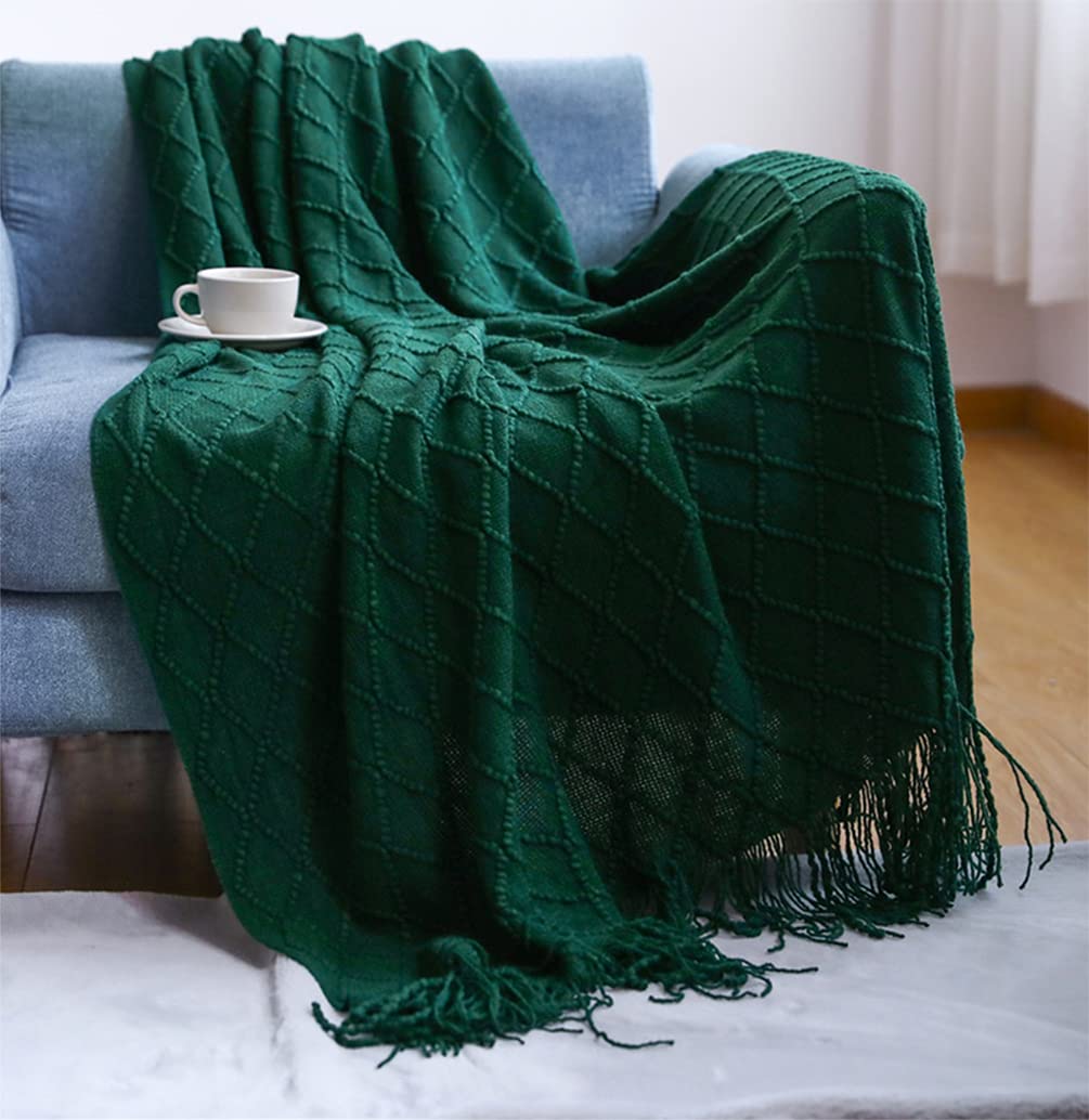 Fennco Styles Rhombus Diamond Knit Modern Fringe Throw 50" W x 60" L - Geometric Throw Blanket for Sofa, Couch, Living Room, Bedroom Décor