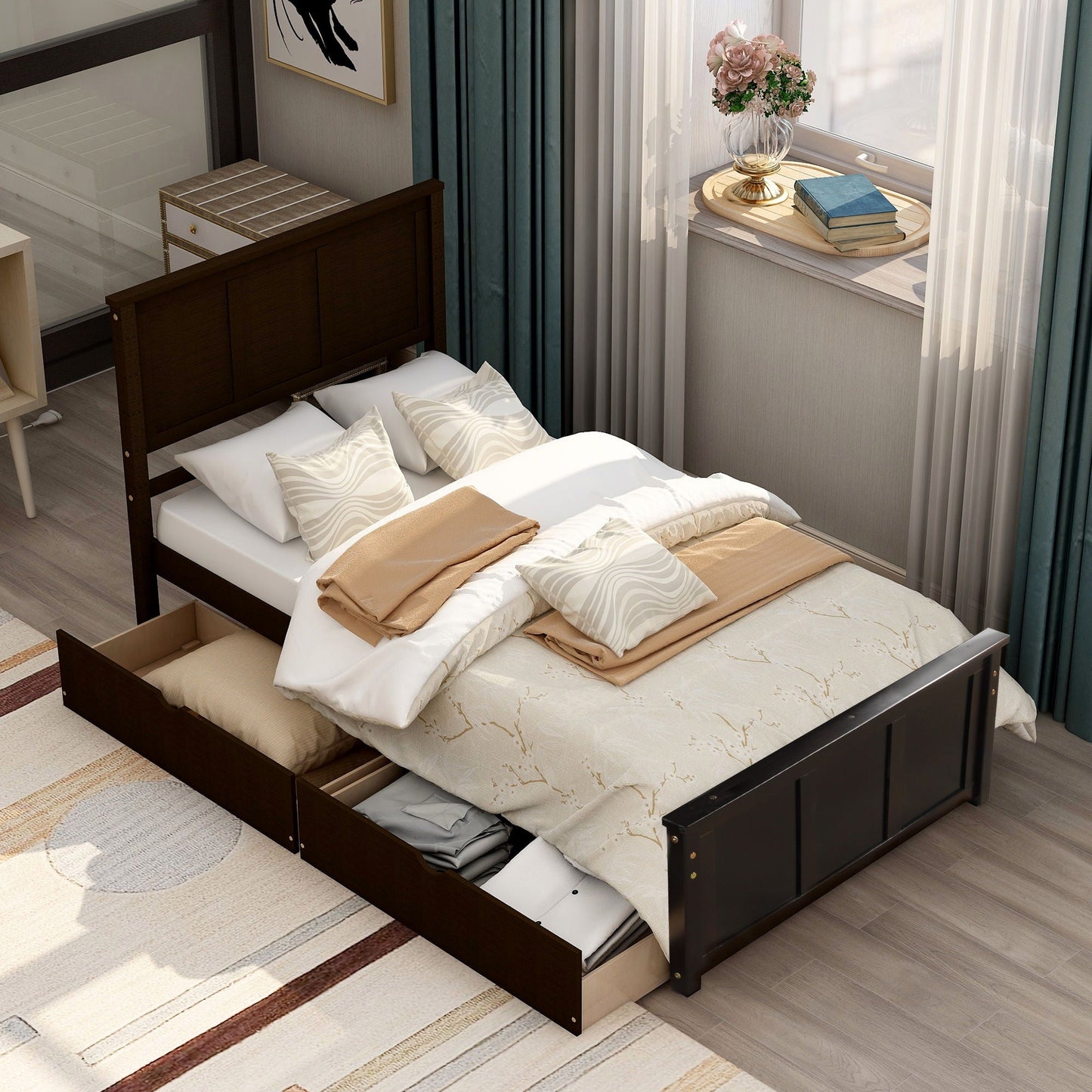 Platform Storage Bed With 2 Wheel Base Drawers