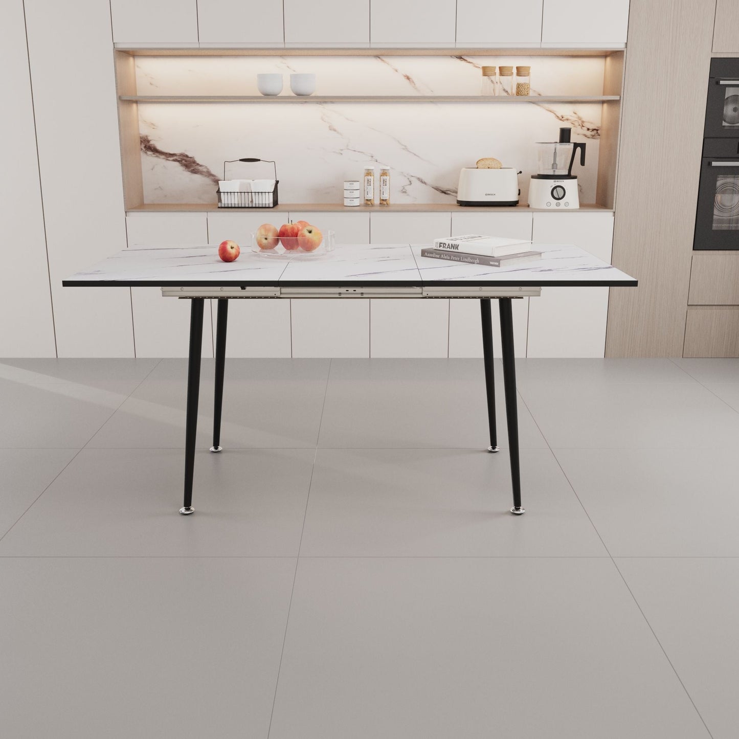Modern Industrial Expandable Dining Table 47" To With Marble Pattern Top And Metal Legs - White