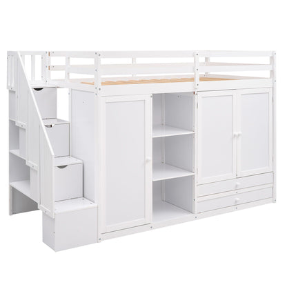 Loft Bed With 3 Shelves, 2 Wardrobes, 2 Drawers, Ladder Storage