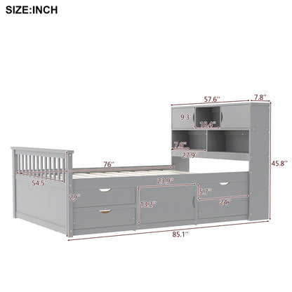 Captain Platform Bed Frame With Bookcase Headboard, 4 Drawers, Storage Shelves