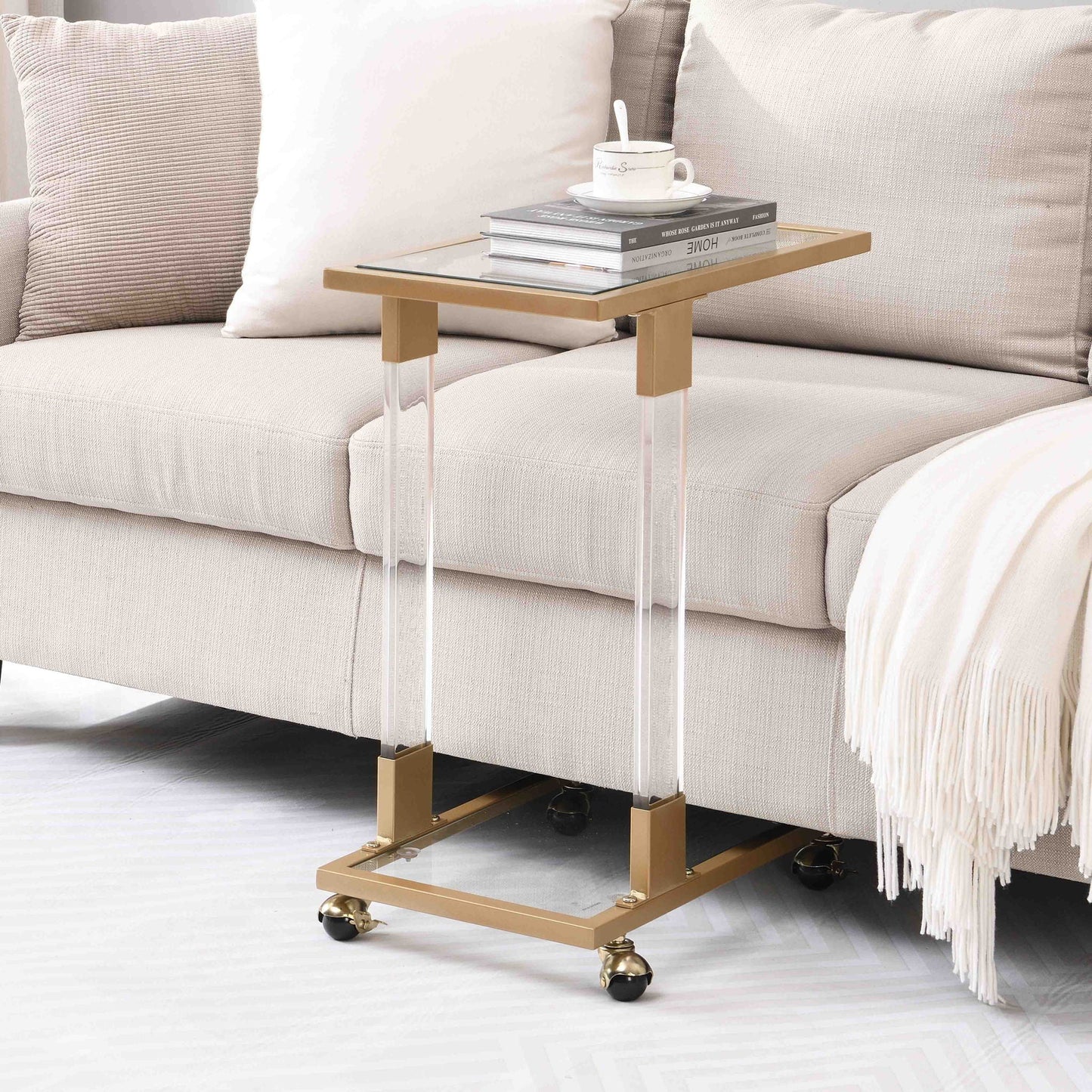 Glass Top C Shape Square Table With Metal Base For Living Room