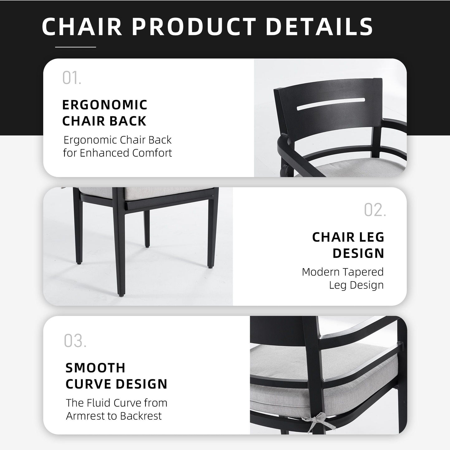 Outdoor Patio Dining Chairs With Outdoor Grade Sunbrella Fabric Cushions, Tapered Feet (Set of 4) - Ember Black
