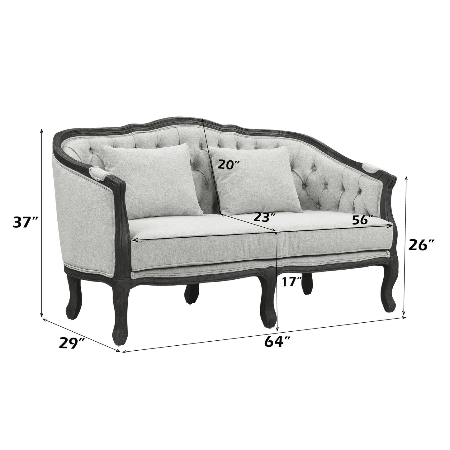 Samael - Loveseat With 2 Pillows - Gray Linen & Dark Brown
