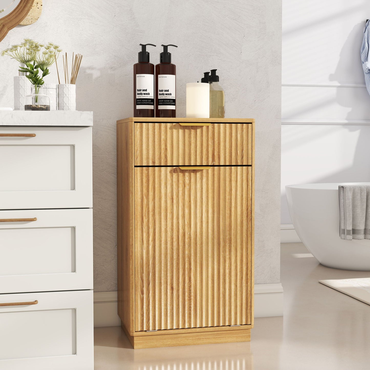 Tilt Out Trash Can Cabinet With Wave Textured Drawer & Pull Out Bin