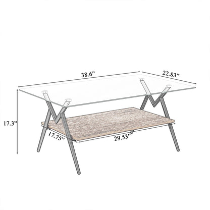 Rectangle Coffee Table With Tempered Glass Top And Shelf