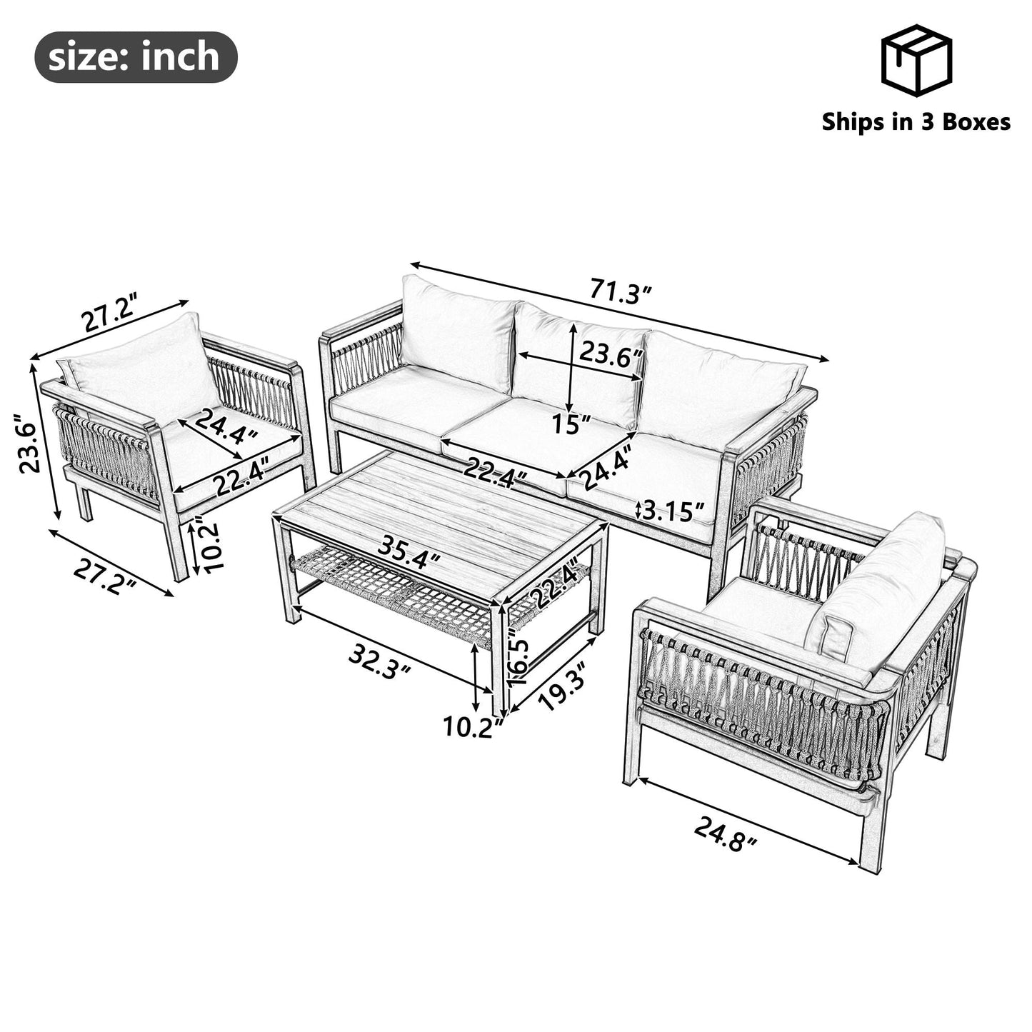 4 Pieces Outdoor Sectional Sofa Set 5 Person Patio Seating Group Outdoor Conversation Set With Cushions And A Coffee Table For Patios