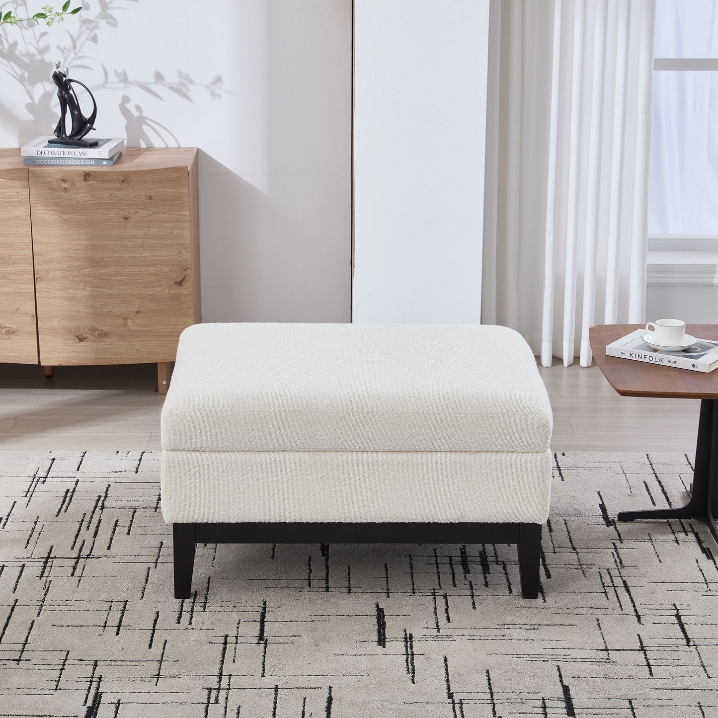 Upholstered Storage Ottoman With Reversible Lid Coffee Table With Rubberwood Legs