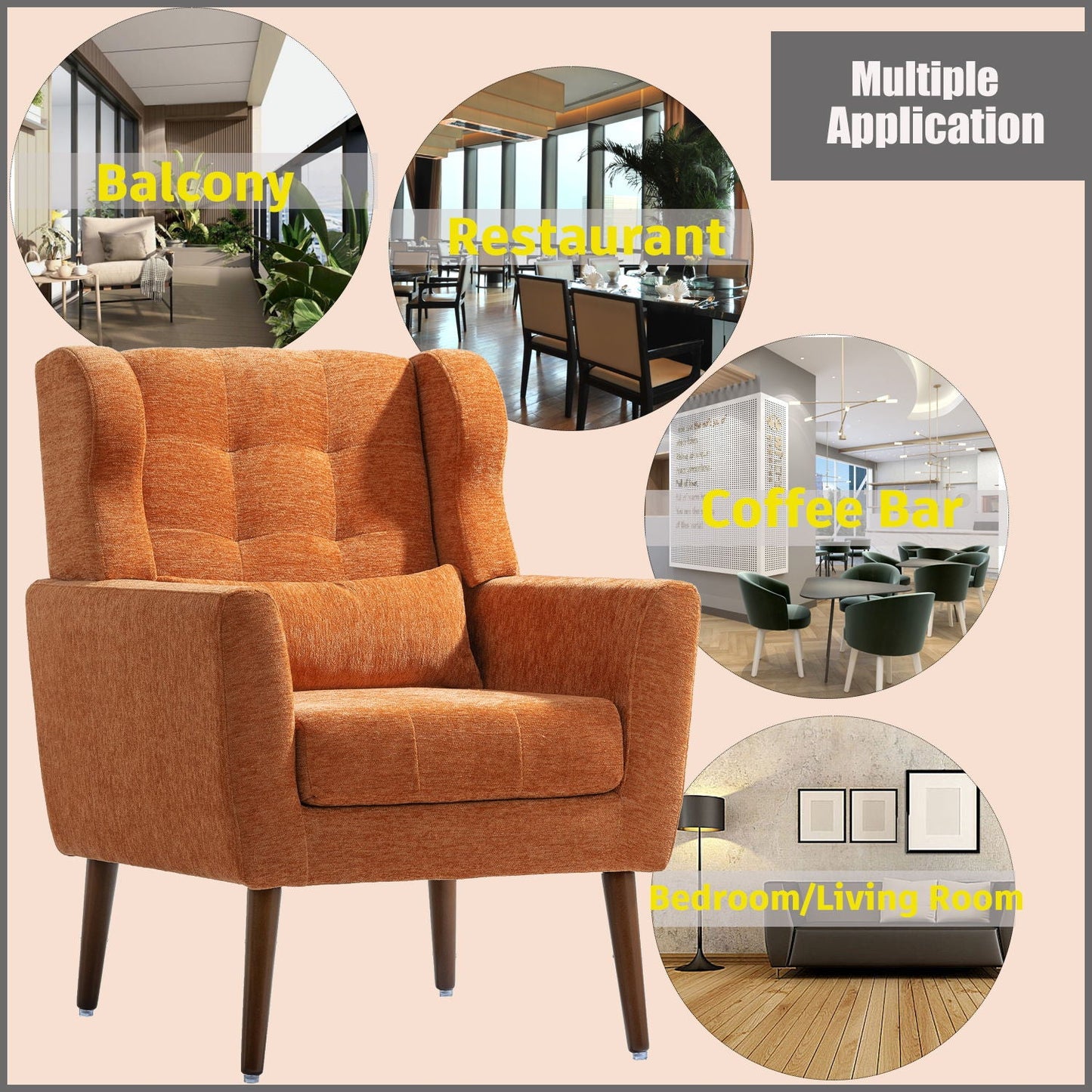 Modern Accent Chair, Arm Chairs For Living Room, Upholstered Mordern Armchair, Comfy Soft Padded Lounge Chair In Small Space, Bedroom, With Pillow, Solid Wood Leg