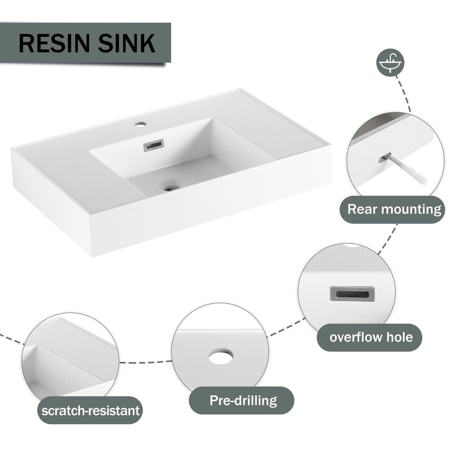 Modern Imitative Wall Mounted Bathroom Vanity With Resin Sink & 2 Side Cabinet, Soft Close Drawer - Imitative Oak
