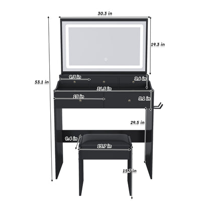 Modern Makeup Vanity Set With Power Outlet, Hair Dryer Holder, And Adjustable Lighting