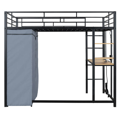Loft Bed With Desk, Shelves, Power Outlet, LED Light And Wardrobe