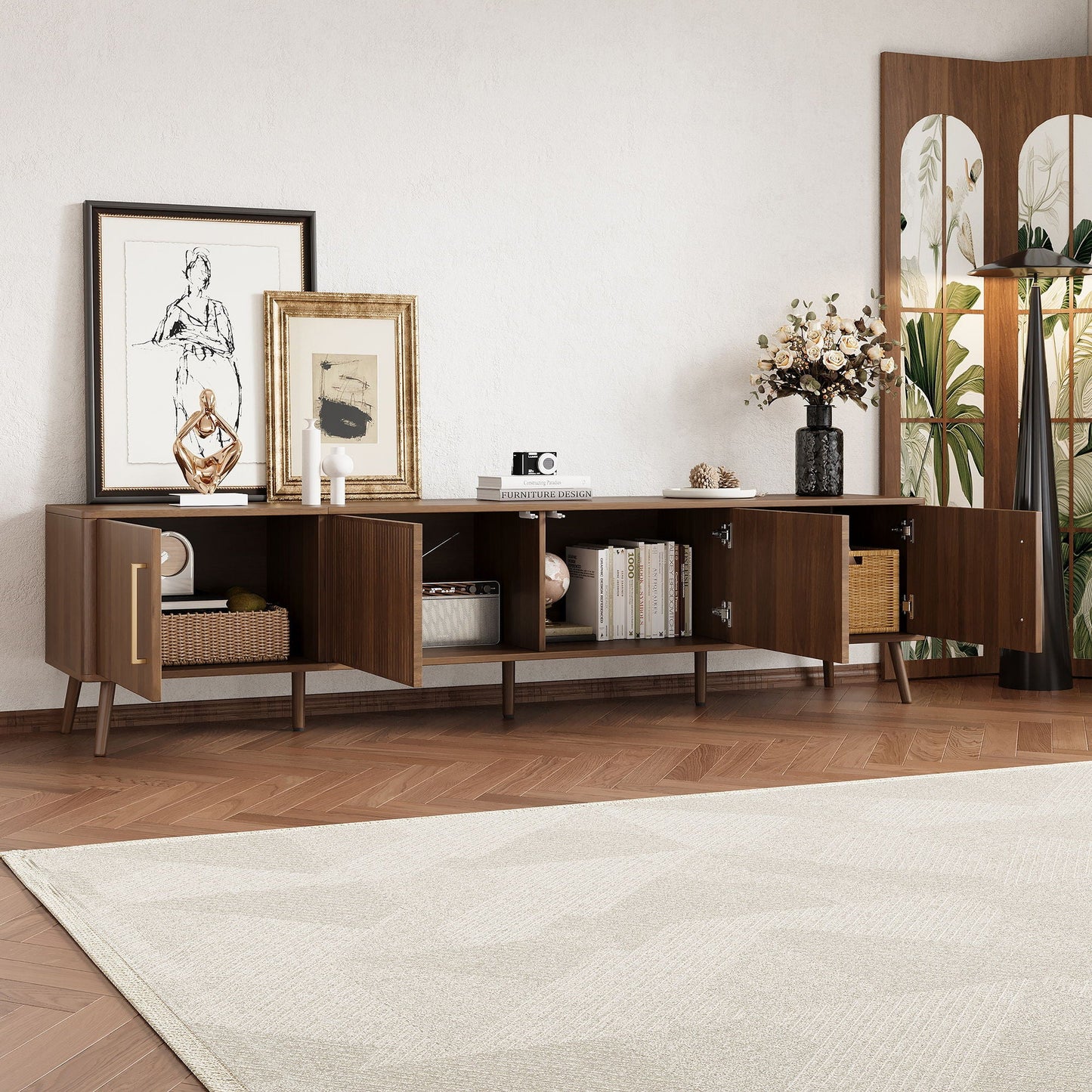 TV Stand For TVs Up To 85" With Fluted Door, Cable Management, Soft-Closing Hinges - Walnut