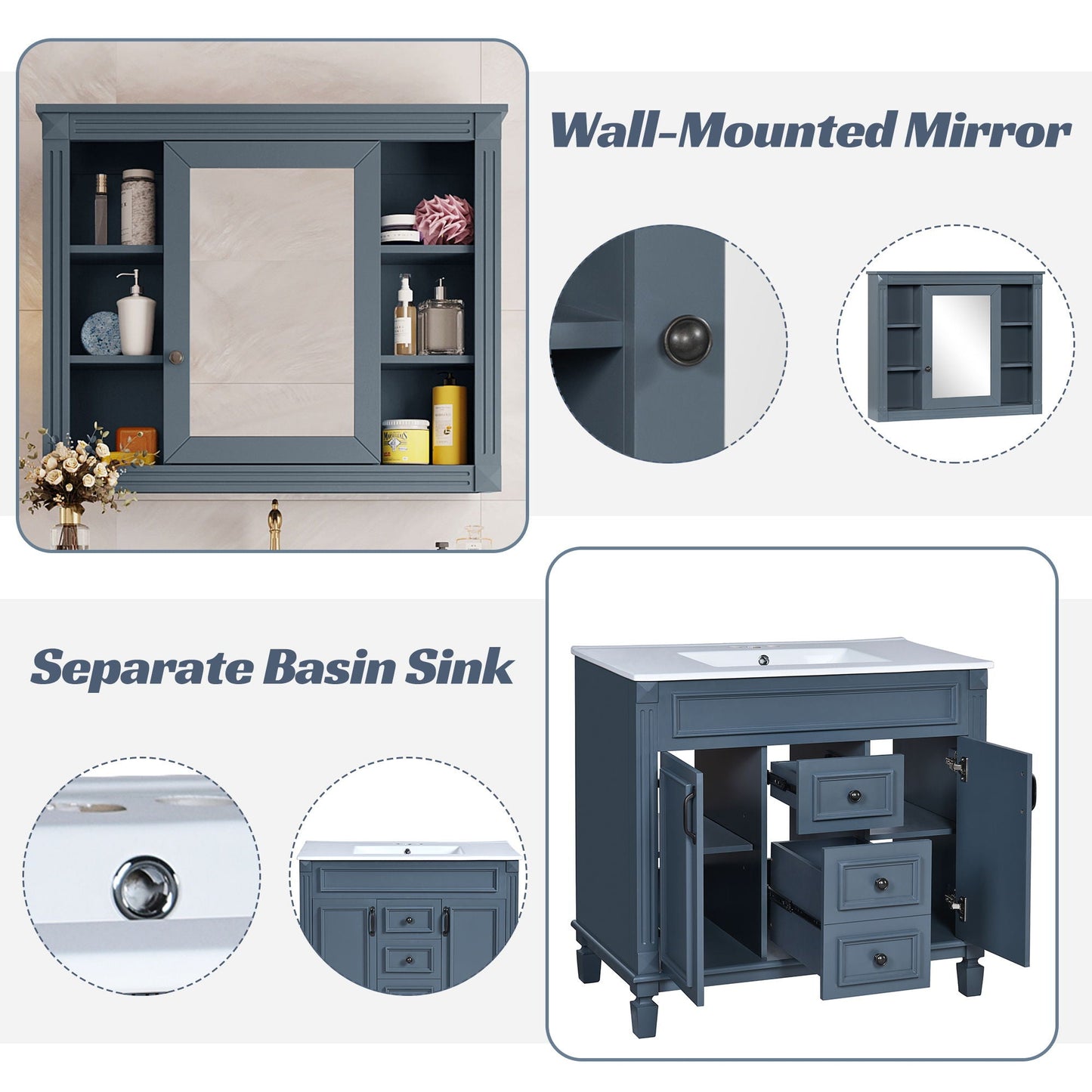 Bathroom Vanity With Top Sink, Mirror Cabinet, 2 Soft Closing Doors & 2 Drawers