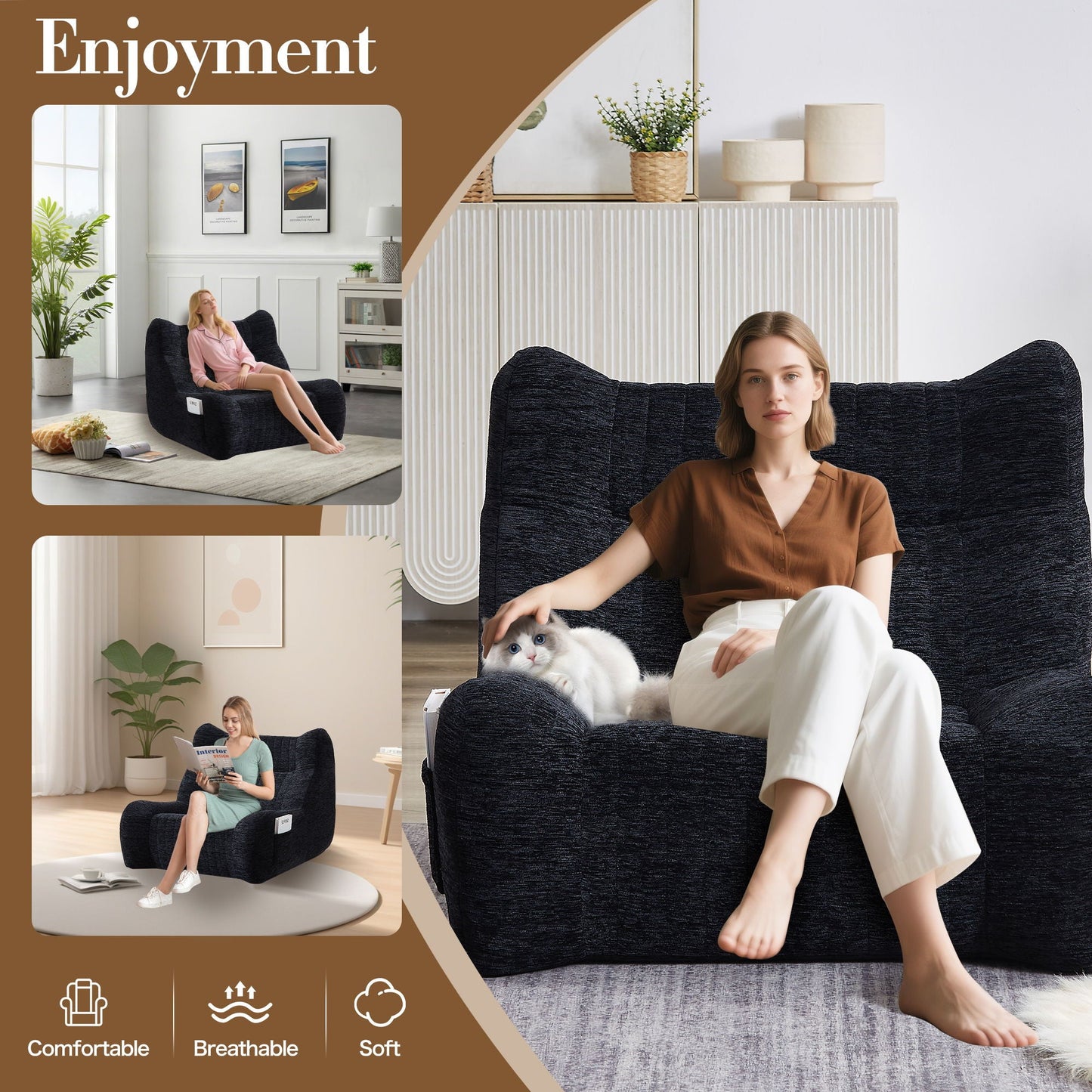 Bean Bag Chair With Armrests Oversized Comfy Beanbag Lounge Lazy Floor Sofa Accent Chair For Living Room - Black