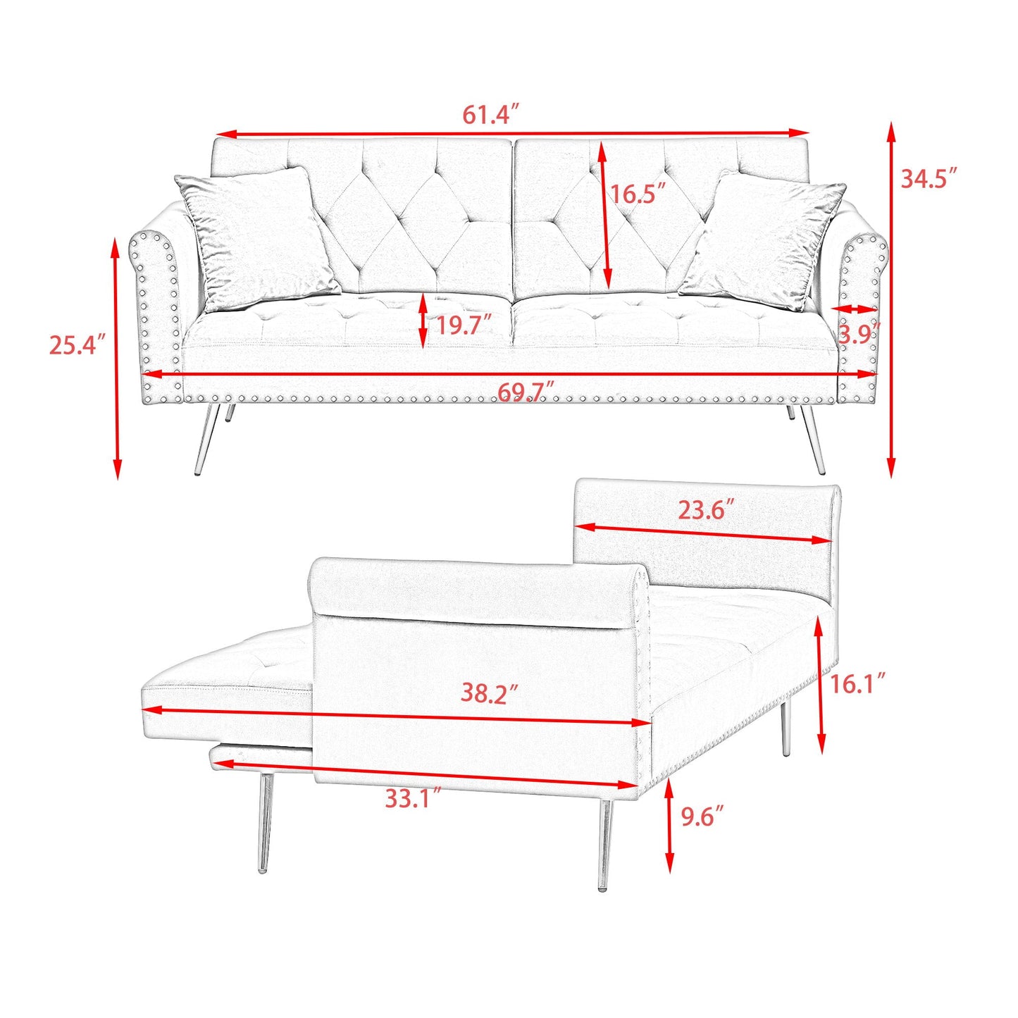 Luxurious Sofa Bed With Nail Head Trim And Matching Pillow