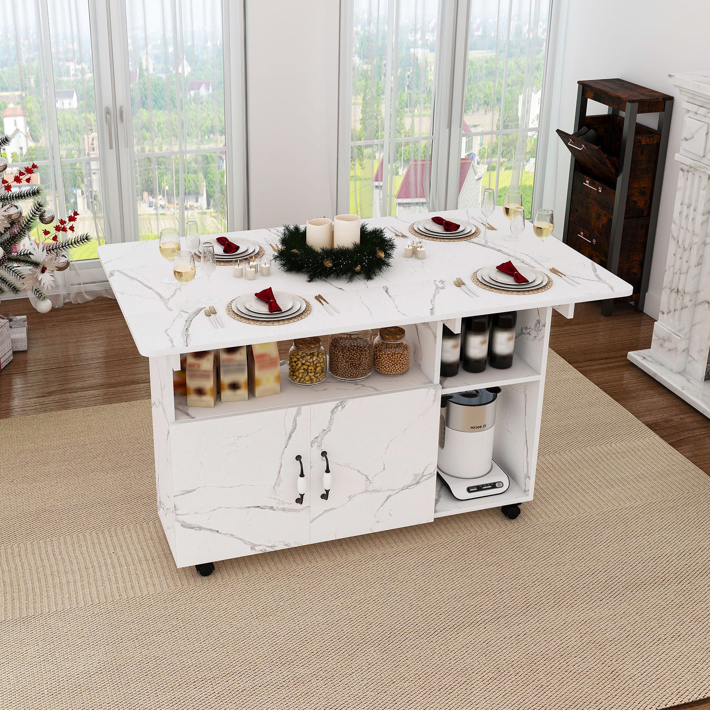 Multi Functional Folding Table With Storage Shelves And Wheels