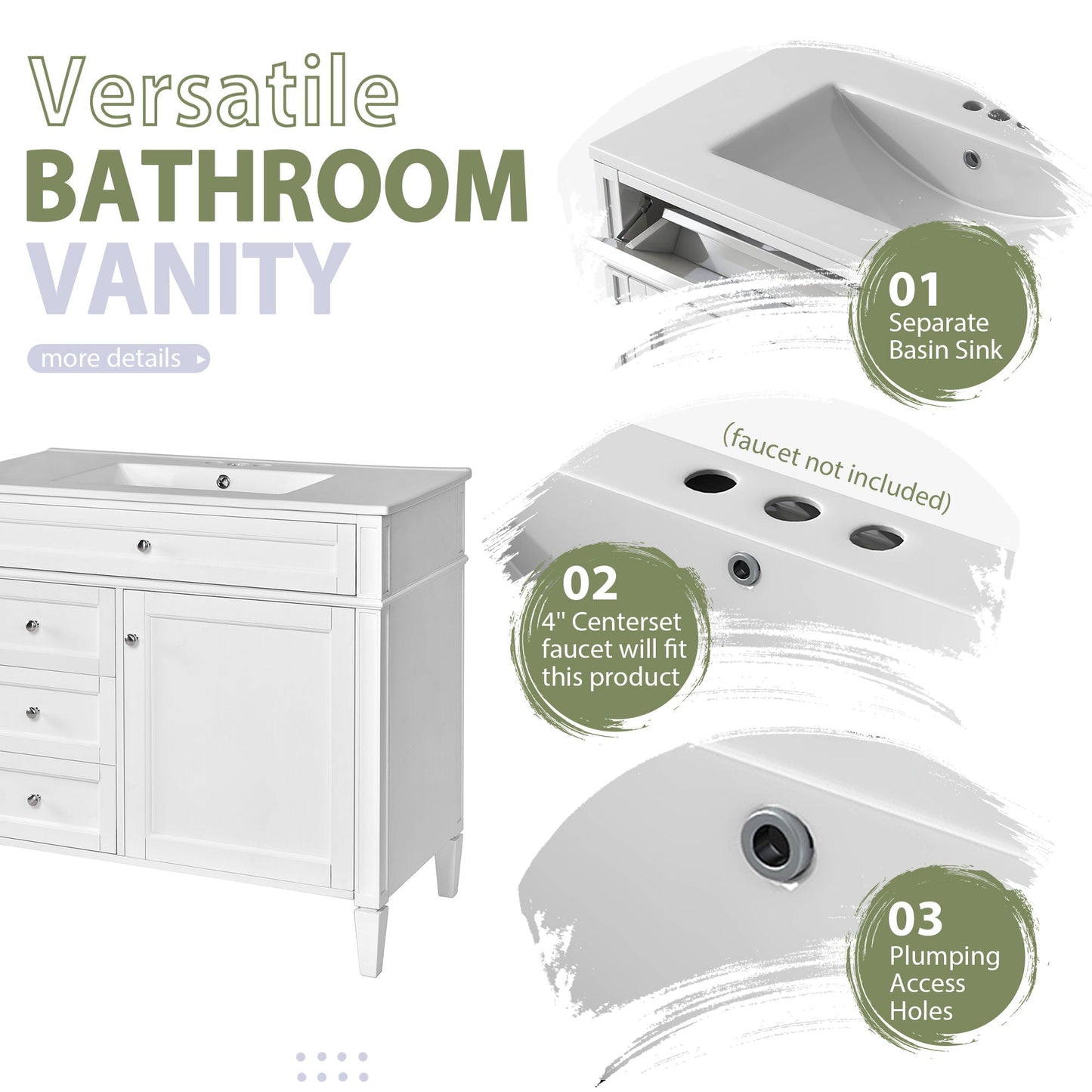 Bathroom Vanity With Mirror Cabinet, Single Sink With 2 Soft Closing Doors And 4 Drawers
