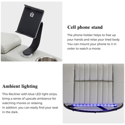 270° Power Swivel Recliner Home Theater Chair With Hidden Arm Storage, LED Light, Cup Holder, And Tray Table