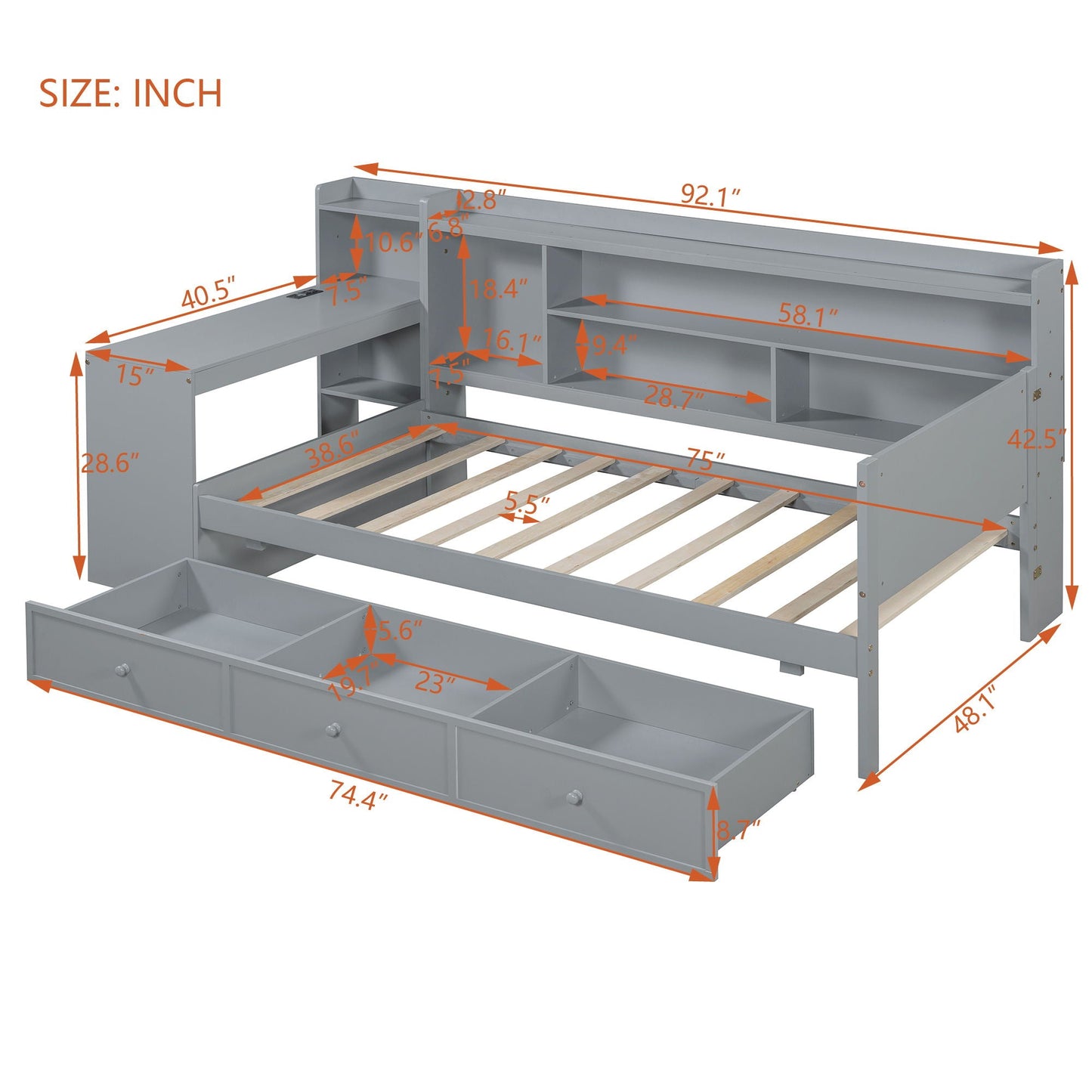 Daybed With 3 Drawers USB Ports And Desk