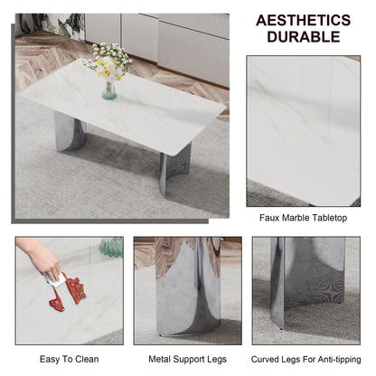 Modern Minimalist Dining Table With Imitation Marble Glass Desktop And Metal Legs