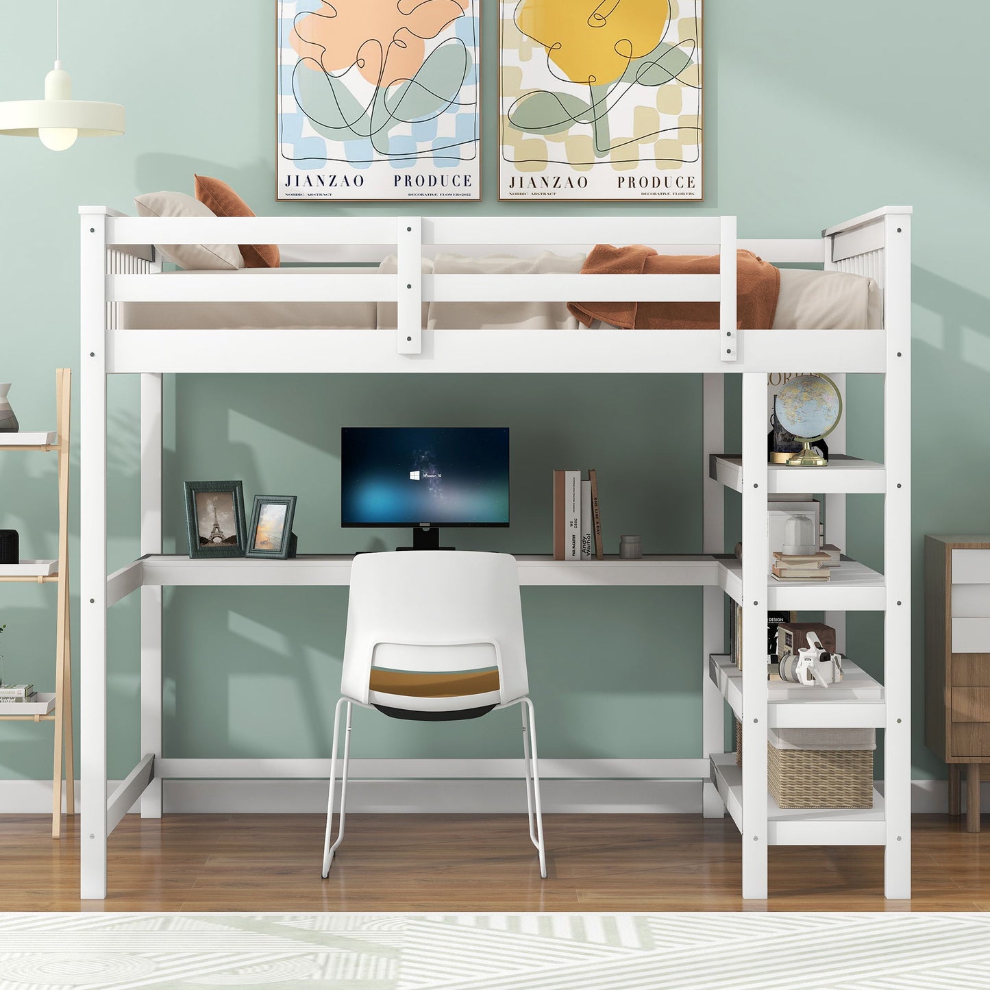 Loft Bed With Storage Shelves And Under Bed Desk