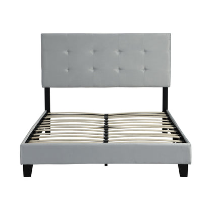 Full Size Upholstered Platform Bed Frame With Pull Point Tufted Headboard, Strong Wood Slat Support, Mattress Foundation, No Box Spring Needed - Gray