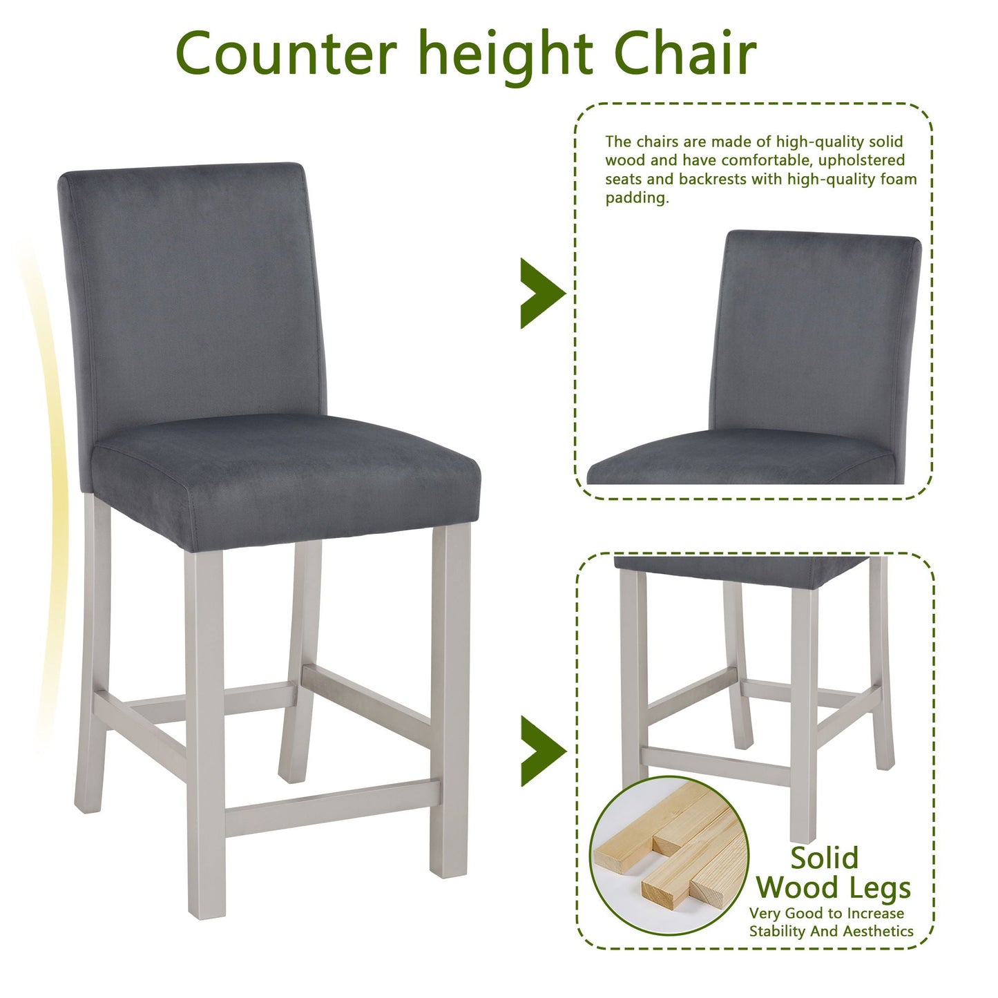 5 Pieces Counter Height Table Set, Kitchen Table With Square Table And 4 Upholstered Chairs