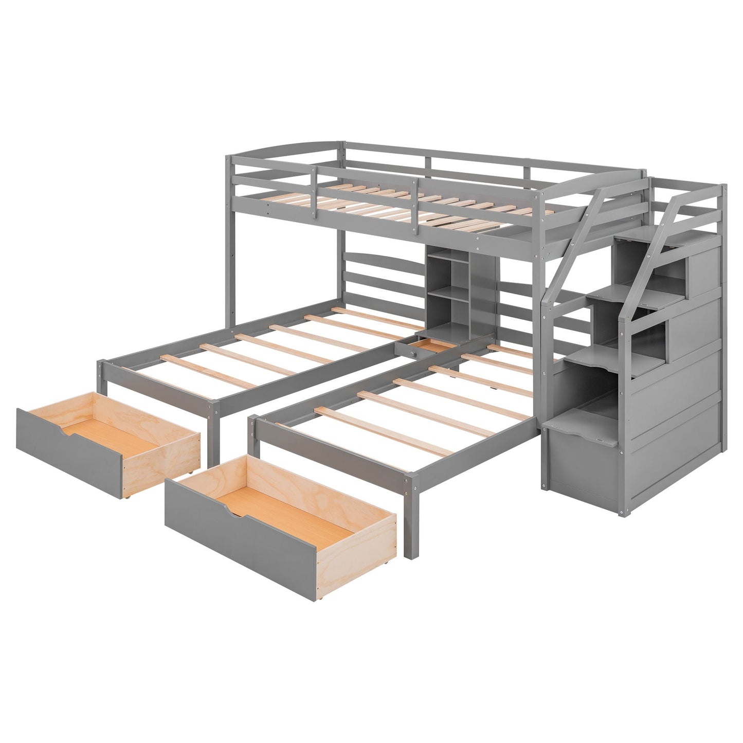 Twin Over Twin & Twin Bunk Bed With Drawers, Staircase Storage, Built In Shelves - Gray