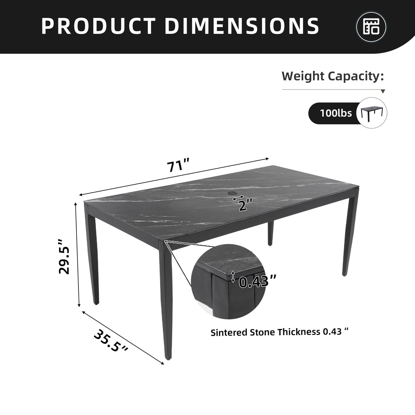 Outdoor Modern Patio Dining Table, Post Tapered Legs, Weatherproof & Rust Free