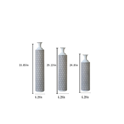 Modern Floor Vase Set Metal Vases With Geometric Pattern, 3 Piece Home Decor Set - White / Black