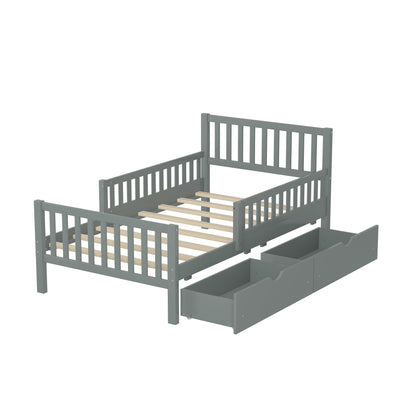Platform Bed With Guardrails On Both Sides And 2 Storage Drawers