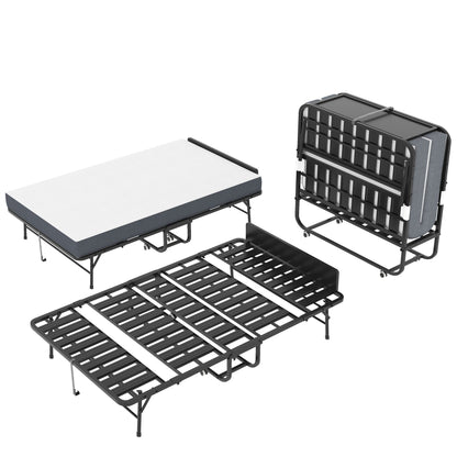 Twin Extra Long Folding Bed With Adjustable Headboard, Cot With Memory Foam Mattress - Black