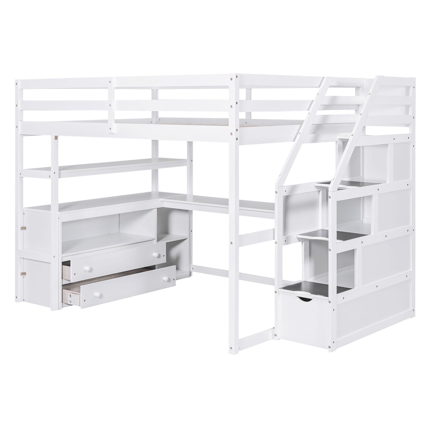 Loft Bed With Desk, Shelves, 2 Drawers, Storage Staircase